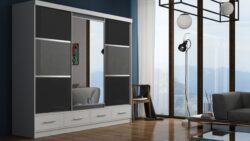 Nowoczesna szafa przesuwna Margo Bis 250 w białym matowym wykończeniu z lustrem i szufladami