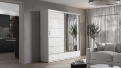 Szafa przesuwna Mavilla 120 w białym kolorze z lustrem i szufladami, nowoczesny design