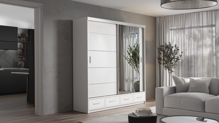 Szafa przesuwna Mavilla 120 w białym kolorze z lustrem i szufladami, nowoczesny design
