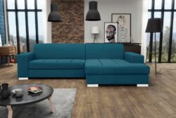 Narożnik rozkładany Mistral w tkaninie Sawana-05, prawostronny, nowoczesny design, funkcja spania i pojemnik na pościel