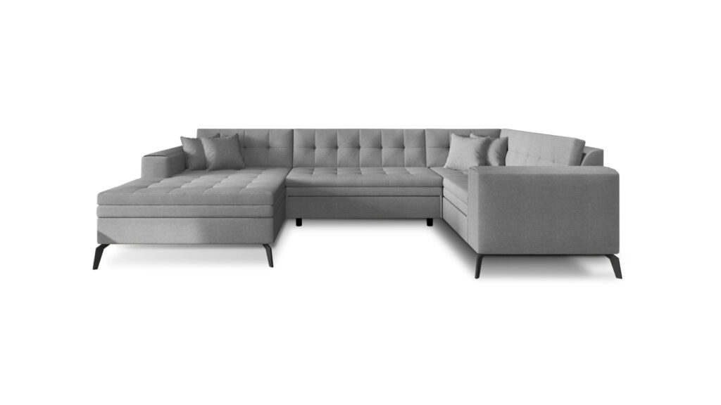 Narożnik rozkładany Montez w tkaninie Flores-04 w kształcie litery U z funkcją spania i pojemnikiem na pościel