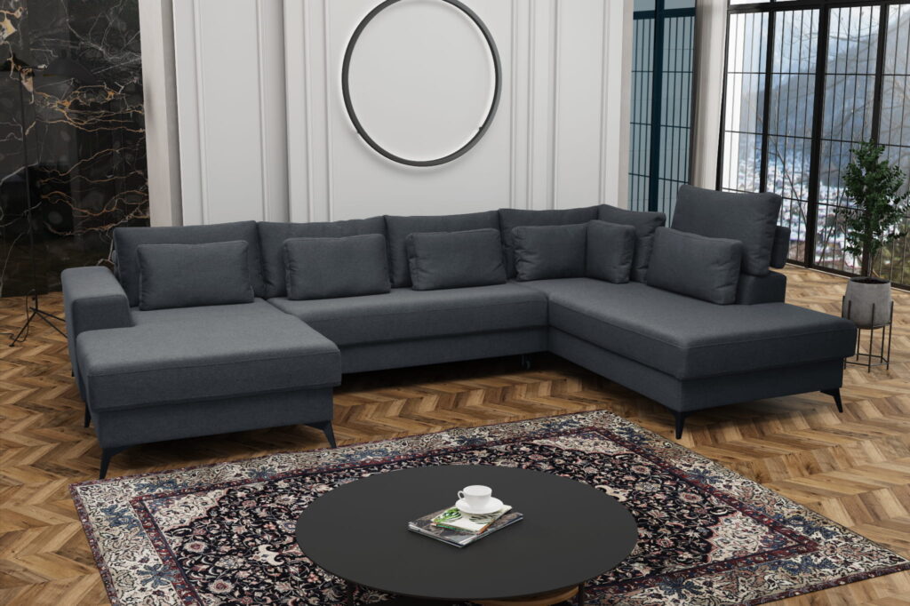 Narożnik U rozkładany Oded K1 z regulowanymi zagłówkami i pojemnikami na pościel w nowoczesnym wnętrzu