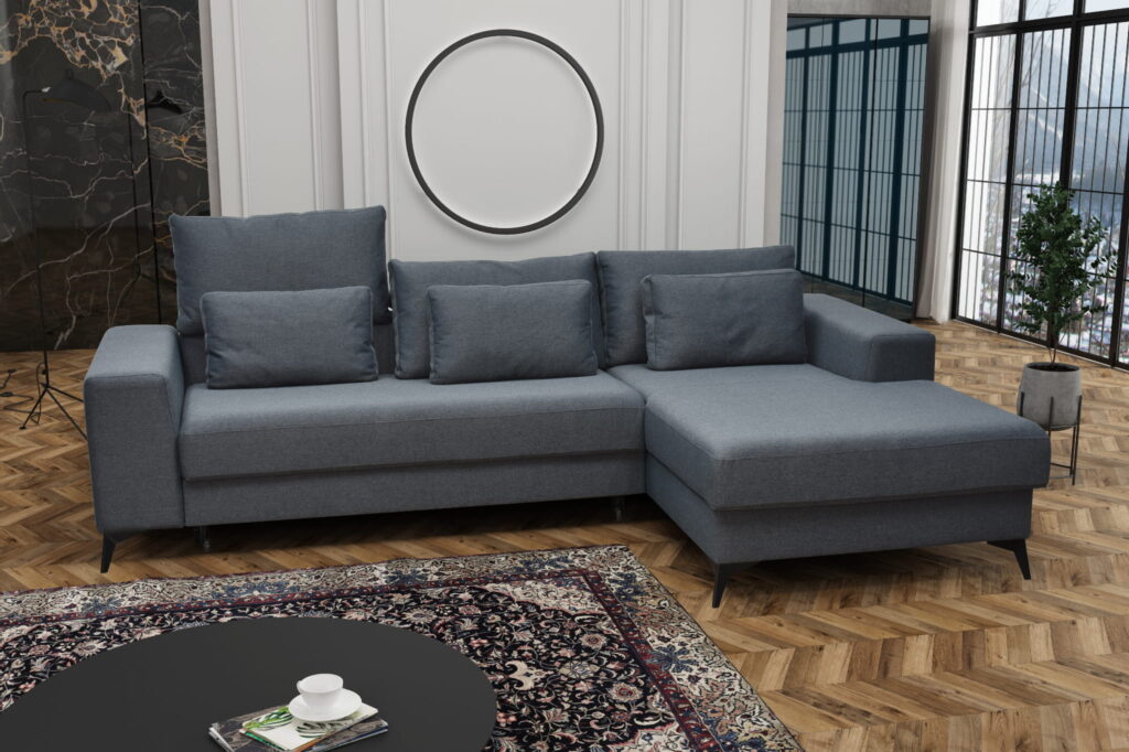 Narożnik rozkładany Oded Z1 z regulowanymi zagłówkami i pojemnikiem na pościel w nowoczesnym wnętrzu