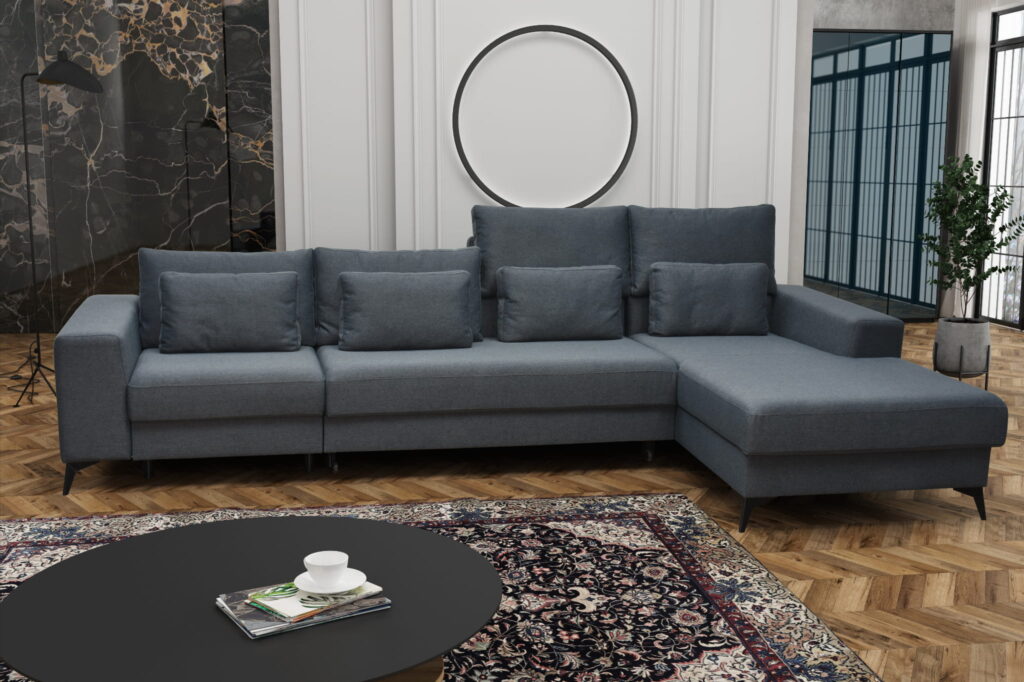 Narożnik rozkładany Oded ZF1 w nowoczesnym salonie z regulowanymi zagłówkami i pojemnikami na pościel