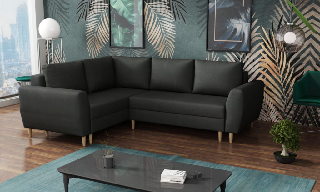 Narożnik rozkładany Qubus H1 w tkaninie Sawana-05 z funkcją spania i pojemnikiem na pościel