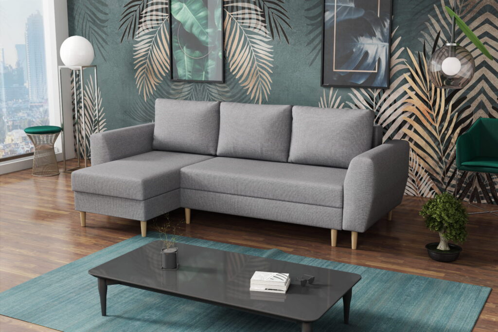 Narożnik rozkładany Qubus Z1 w tkaninie Sawana-05 z funkcją spania i pojemnikami na pościel