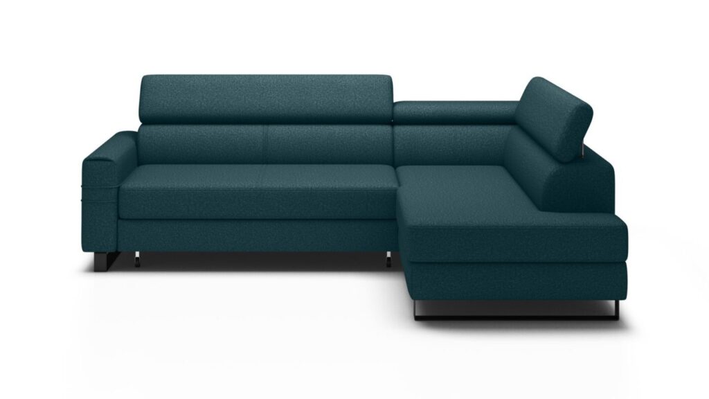 Narożnik rozkładany Livio w tkaninie Evolution-12 z regulowanymi zagłówkami i pojemnikiem na pościel