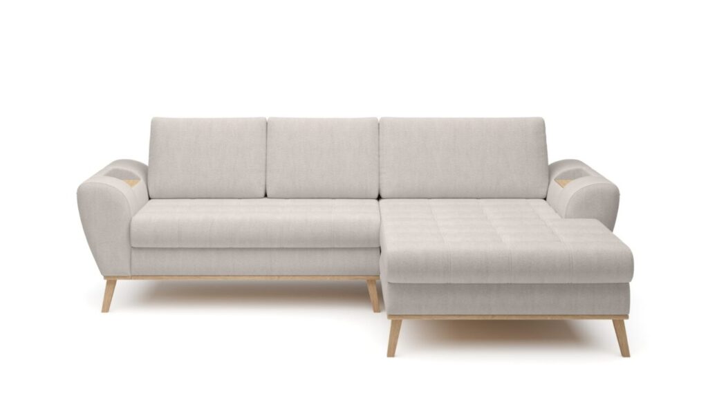 Narożnik rozkładany Nubo w tkaninie Crown-1 z drewnianymi nóżkami i pojemnikiem na pościel