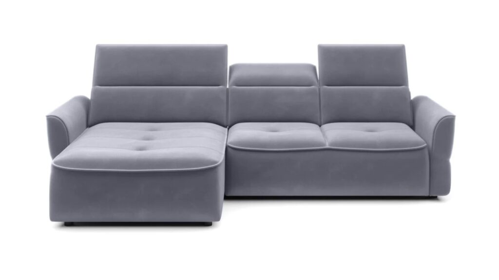 Narożnik rozkładany Murillo Mini w tkaninie Solar-96 z regulowanymi zagłówkami i pojemnikiem na pościel