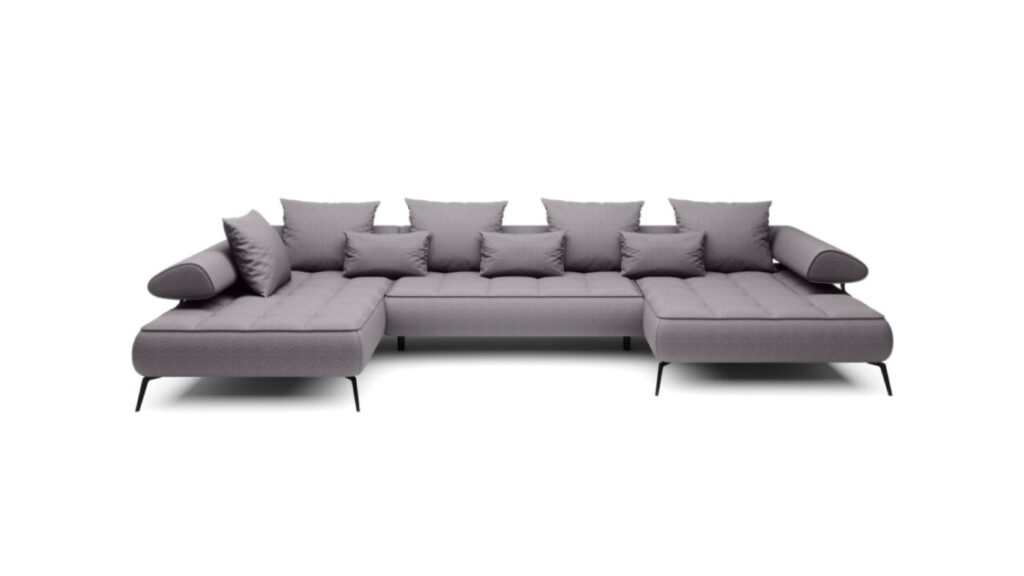 Narożnik elektryczny Seledo XL w jasnej tkaninie z regulacją głębokości siedziska i metalowymi nóżkami