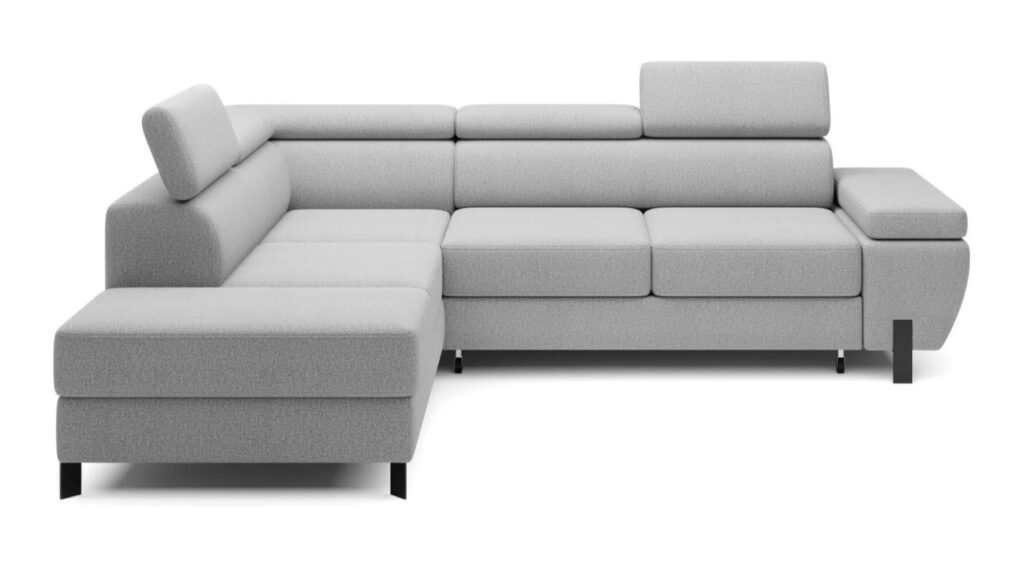 Narożnik rozkładany Molina L z tkaniny Monolith-84 w nowoczesnym salonie z metalowymi nóżkami i regulowanymi zagłówkami