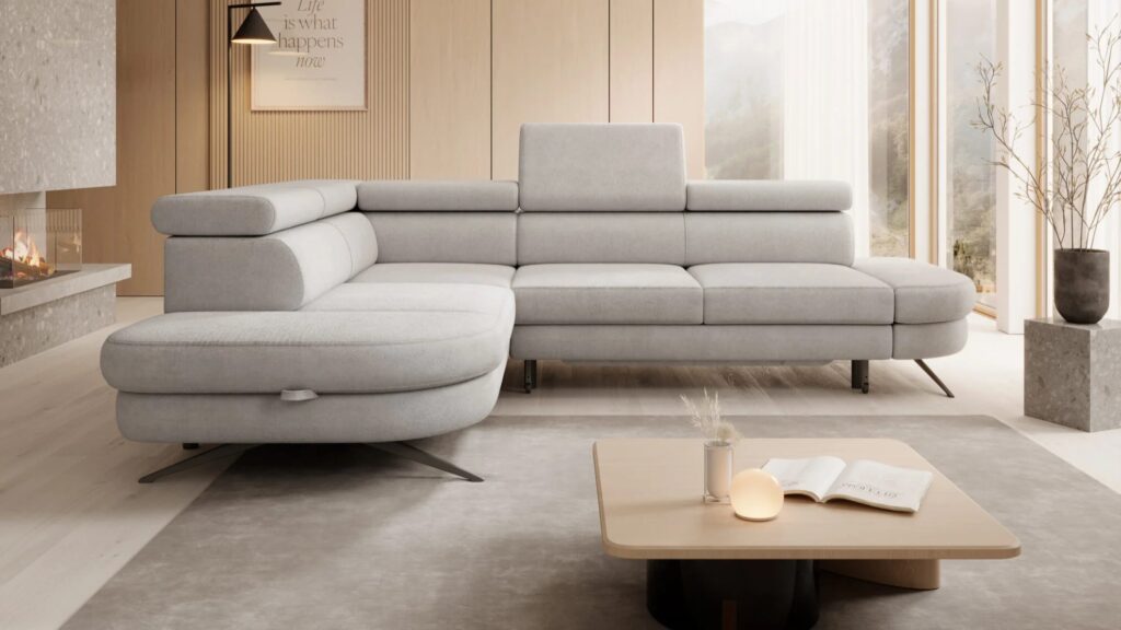 Narożnik rozkładany Otis w jasnoszarym kolorze z regulowanymi zagłówkami i metalowymi nóżkami