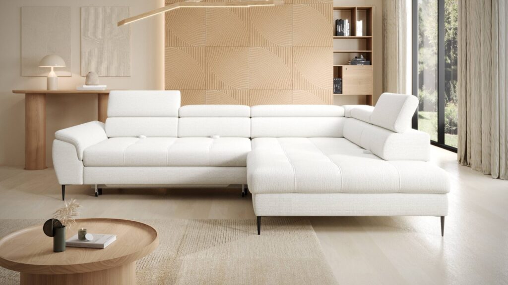 Narożnik rozkładany Empoli L w nowoczesnym stylu z funkcją spania i pojemnikiem na pościel