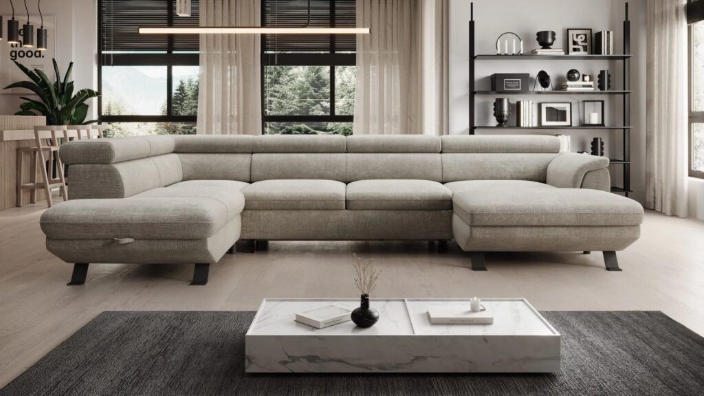 Narożnik rozkładany Raven XL w nowoczesnym stylu z funkcją spania i pojemnikiem na pościel