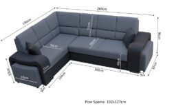 Narożnik rozkładany Wakiki w tkaninie Inari-82 i czarnej eko skórze z wymiarami 260x96x190 cm
