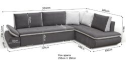 Narożnik rozkładany Argent w tkaninie Paros-6 z wymiarami 304x94x201 cm i funkcją spania