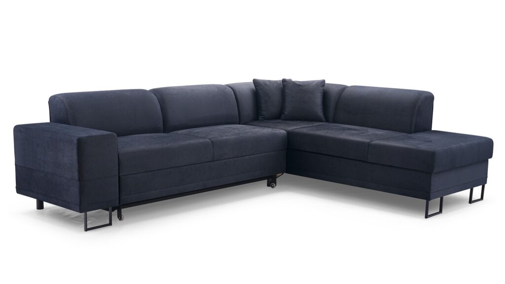 Narożnik rozkładany Disco w tkaninie Solar-99 z funkcją spania i pojemnikiem na pościel