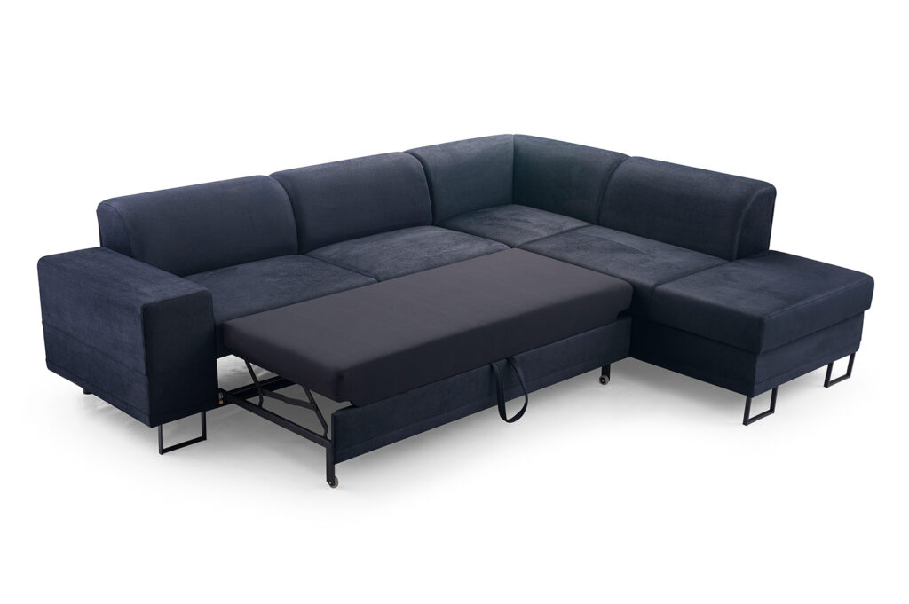 Narożnik rozkładany Disco w tkaninie Solar-99 w nowoczesnym salonie