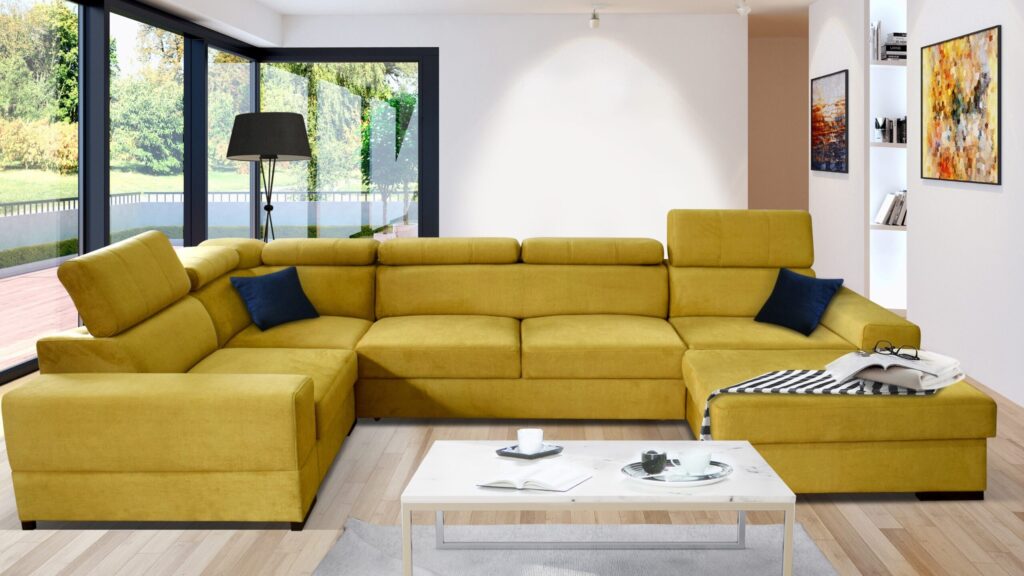 Narożnik rozkładany Apollo Maxi w nowoczesnym salonie z regulowanymi zagłówkami i pojemnikiem na pościel