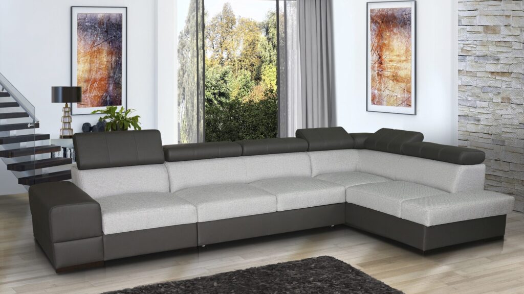 Narożnik rozkładany Apollo Premium +1 w nowoczesnym salonie z regulowanymi zagłówkami i pojemnikiem na pościel
