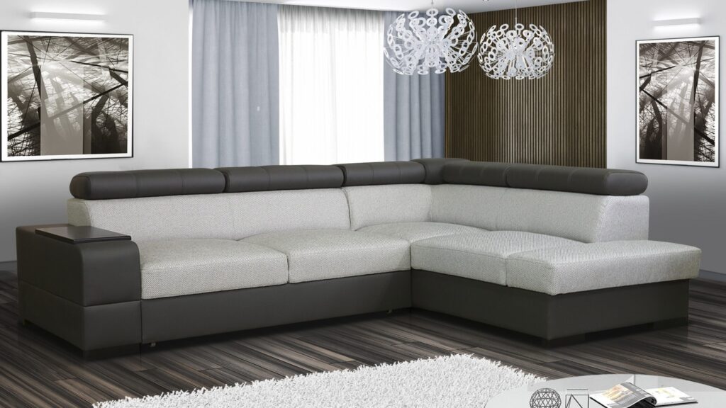 Narożnik rozkładany Apollo Premium B w nowoczesnym salonie z regulowanymi zagłówkami i pojemnikiem na pościel