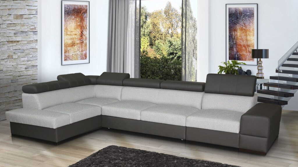 Narożnik rozkładany Apollo Premium +1 w nowoczesnym salonie z regulowanymi zagłówkami i pojemnikiem na pościel