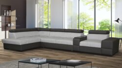 Narożnik rozkładany Apollo Premium B3+1 w nowoczesnym salonie z regulowanymi zagłówkami i pojemnikiem na pościel