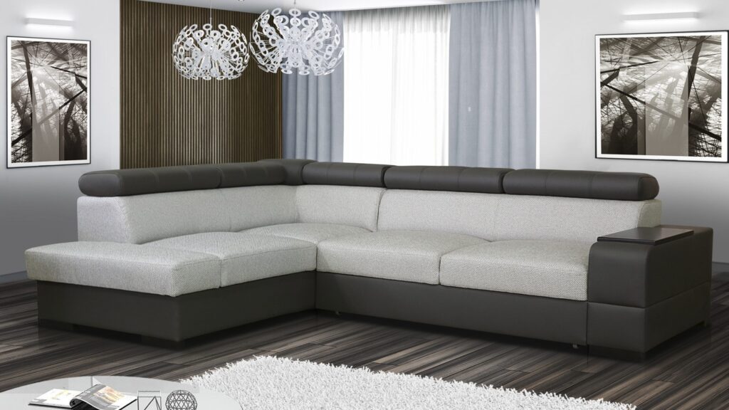 Narożnik rozkładany Apollo Premium B w nowoczesnym salonie z regulowanymi zagłówkami i pojemnikiem na pościel