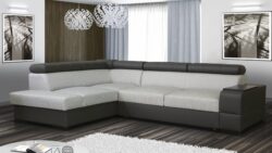 Narożnik rozkładany Apollo Premium B w nowoczesnym salonie z regulowanymi zagłówkami i pojemnikiem na pościel