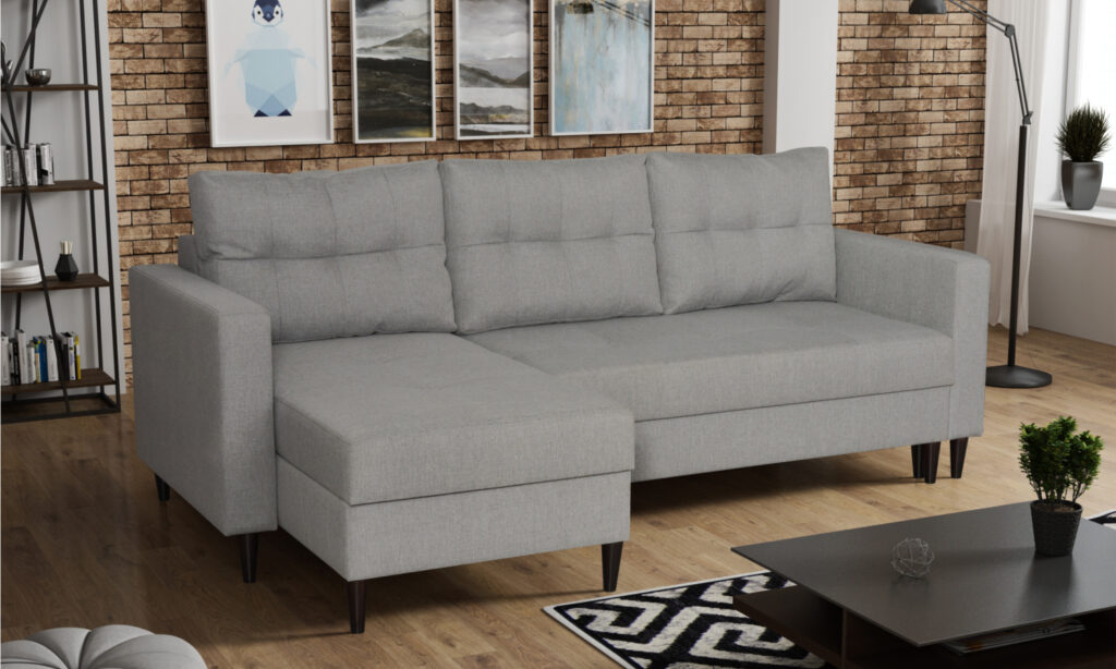 Narożnik rozkładany Vintage Z1 w stylu skandynawskim z pikowanymi poduszkami i drewnianymi nogami