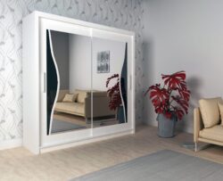 Szafa przesuwna Batumi 180 w białym kolorze z lustrem i czarnymi wstawkami Lacobel