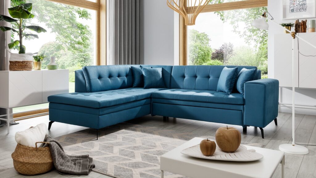 Narożnik rozkładany Lanvin w tkaninie Savoi-38 z funkcją spania i pojemnikiem na pościel