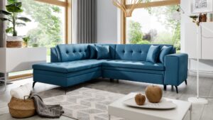 Narożnik rozkładany Lanvin w tkaninie Savoi-38 z funkcją spania i pojemnikiem na pościel