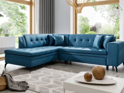 Narożnik rozkładany Lanvin w tkaninie Savoi-38 z funkcją spania i pojemnikiem na pościel