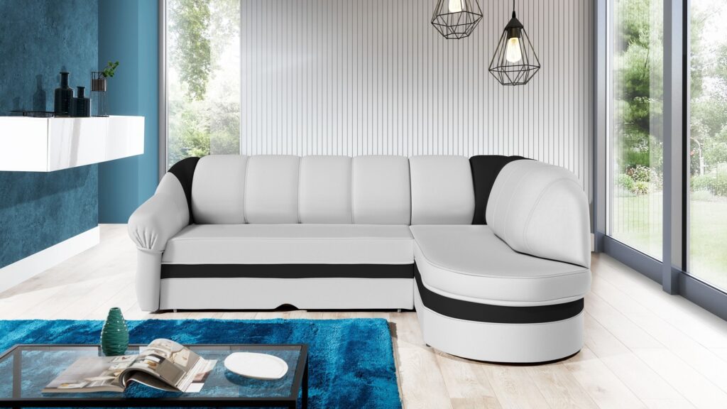 Narożnik rozkładany Benano w tkaninie Soft-17 i Soft-11, nowoczesny mebel do salonu z funkcją spania i pojemnikiem na po