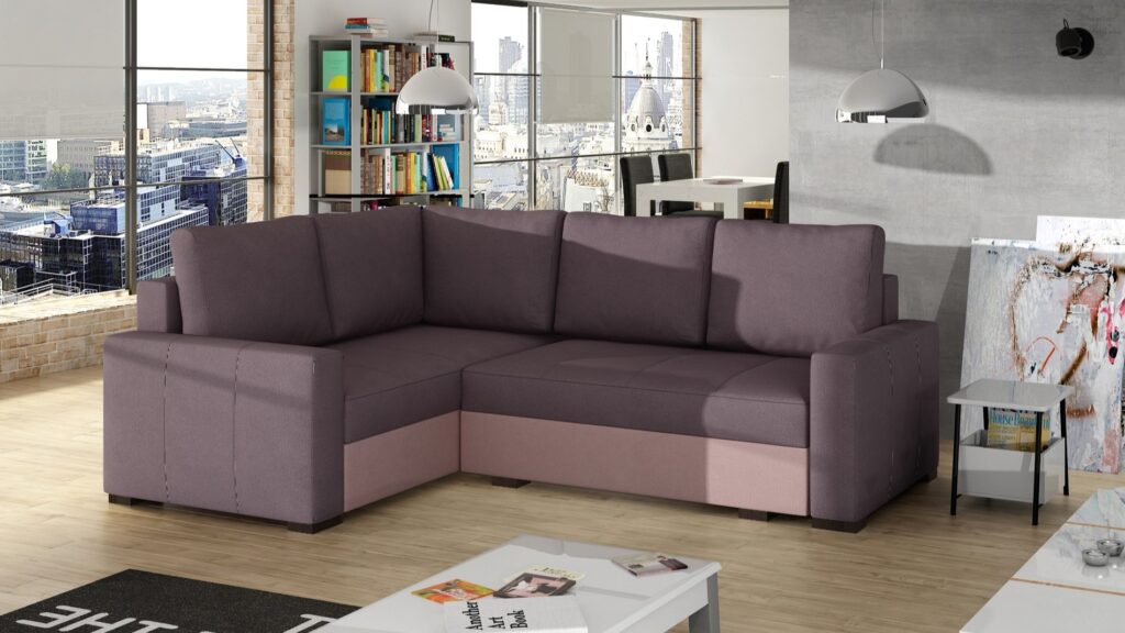 Narożnik rozkładany Corona w tkaninie Soro 34, nowoczesny mebel z funkcją spania i pojemnikiem na pościel