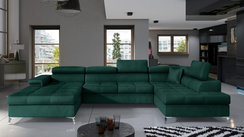 Narożnik rozkładany Eduardo w tkaninie Monolith-37 z regulowanymi zagłówkami i pojemnikiem na pościel