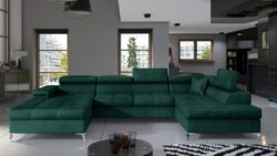 Narożnik rozkładany Eduardo w tkaninie Monolith-37 z regulowanymi zagłówkami i pojemnikiem na pościel