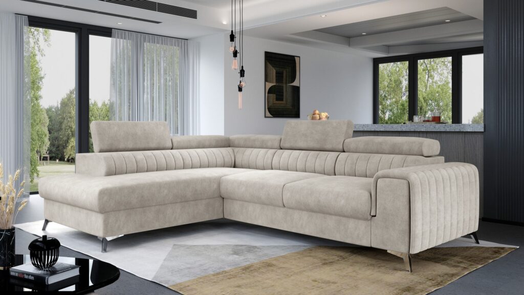 Narożnik rozkładany Laurence w tkaninie Monolith szary z funkcją spania i pojemnikiem na pościel