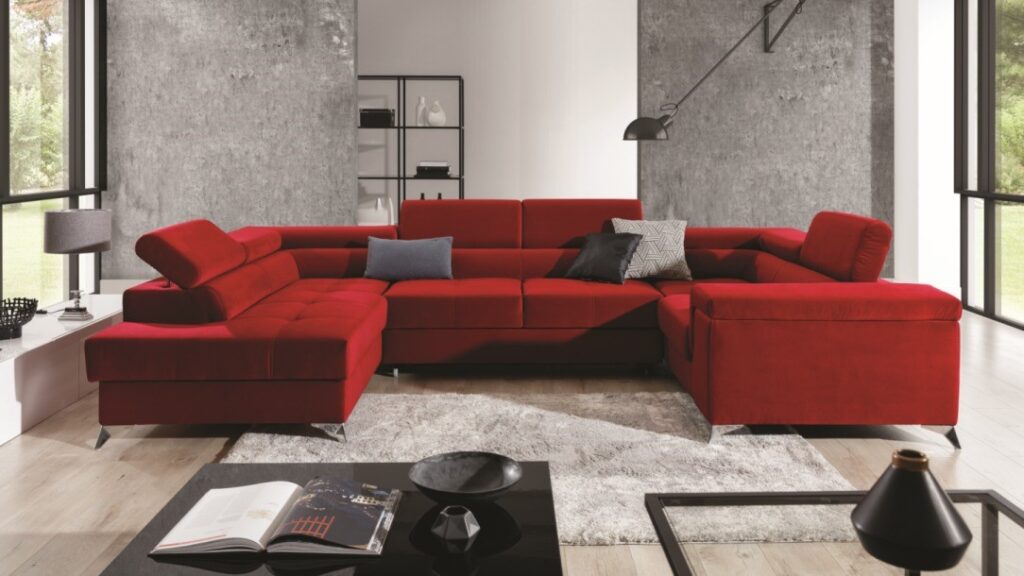 Narożnik rozkładany Thiago w tkaninie Kronos-02 z funkcją spania i pojemnikiem na pościel