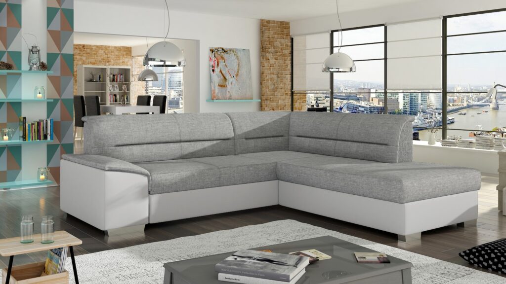 Narożnik rozkładany Verso w tkaninie Sawana 14soft z funkcją spania i pojemnikiem na pościel