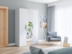 biała szafa uchylna Bonnie z lustrzanymi drzwiami, nowoczesny design, mebel do sypialni lub pokoju dziennego