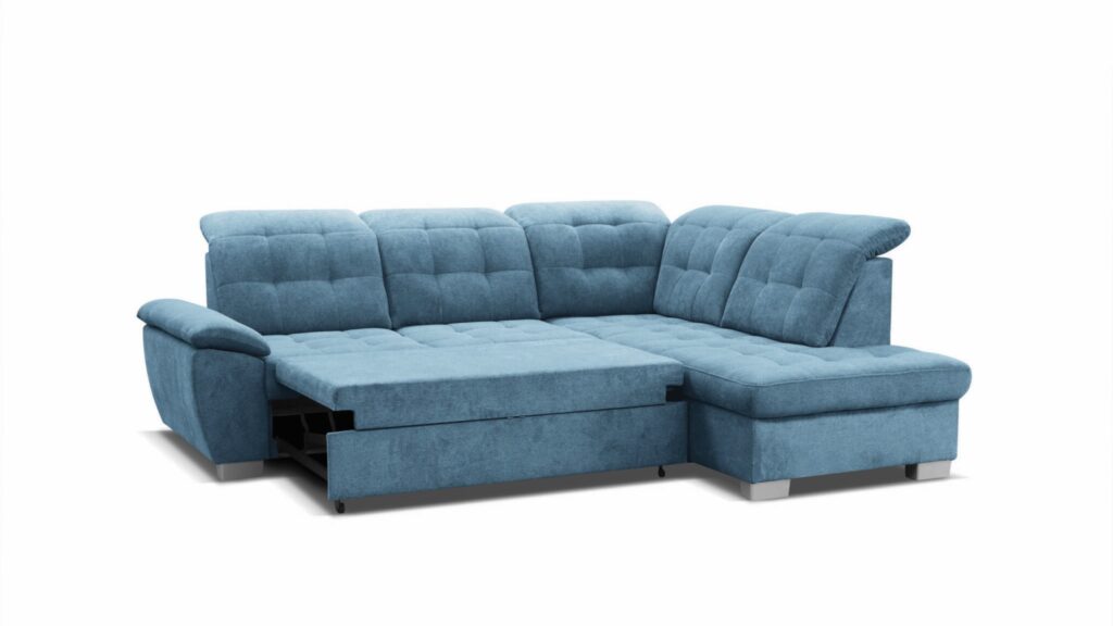 Narożnik rozkładany Bonny w nowoczesnym salonie z regulowanymi zagłówkami i pojemnikiem na pościel