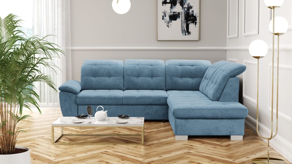 Narożnik rozkładany Bonny w nowoczesnym salonie z regulowanymi zagłówkami i pojemnikiem na pościel