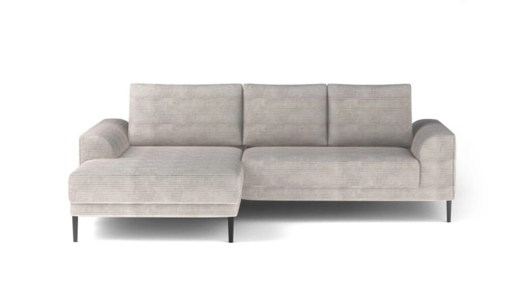 Narożnik rozkładany Capitol w tkaninie Poso-100 w jasnym kolorze z pojemnikiem na pościel i metalowymi nóżkami