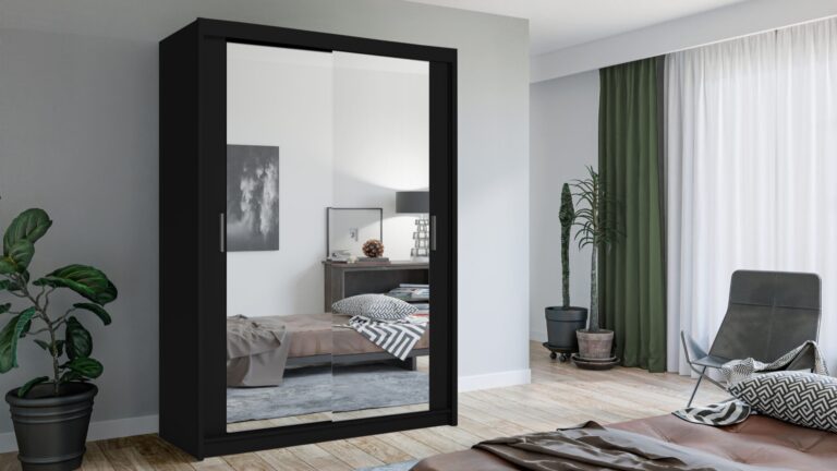 Szafa przesuwna Lux 150 w kolorze czarnym z lustrem, nowoczesny design, mebel do sypialni
