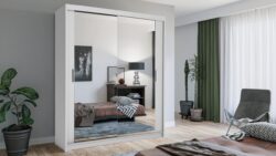 Szafa przesuwna Lux 180 w białym kolorze z lustrem, nowoczesny design, dostępna w sklepie Meble Wawrzyniak