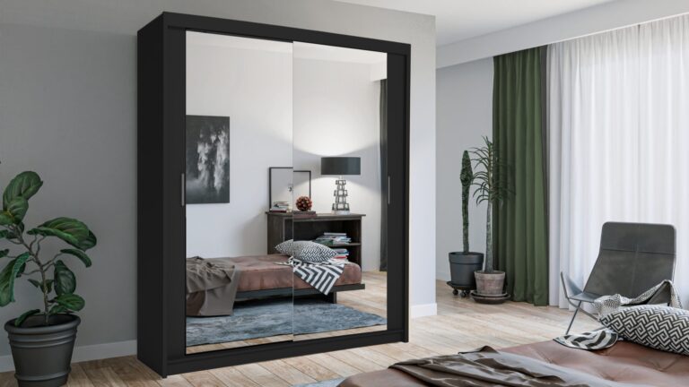 Szafa przesuwna Lux 180 w kolorze czarnym z drzwiami z lustrem, nowoczesny design
