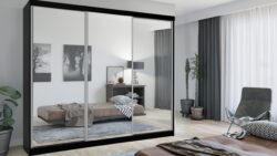 Szafa przesuwna Lux 250 w kolorze czarnym z dużym lustrem na drzwiach, nowoczesny design