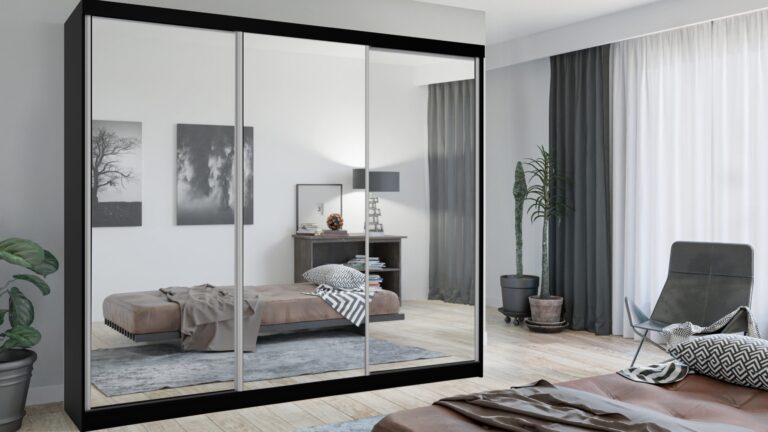 Szafa przesuwna Lux 250 w kolorze czarnym z dużym lustrem na drzwiach, nowoczesny design